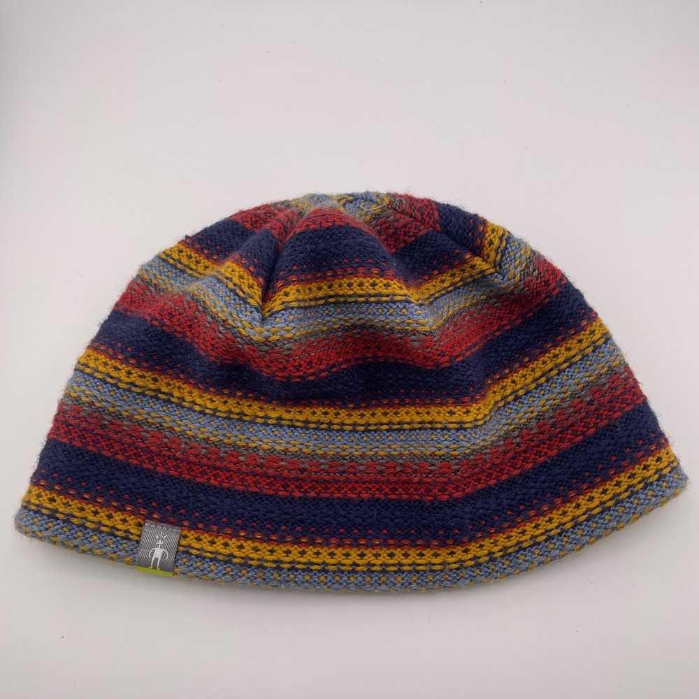 Smartwool Merino Wool Blend Striped Beanie Knit Hat Blue Red Yellow Made Canada